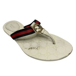 Gucci GG Web Stripe Thong Sandals EU 38.5 US 8.5 White Flip Flop Slide Flat Heel